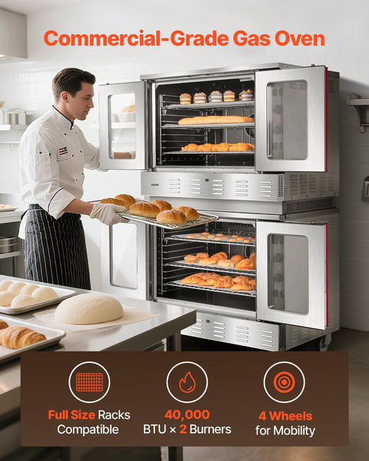 Double Deck Gas Convection Oven, 14 cu.ft Full-Size Commercial Convection Oven, 40, 000 BTU x 2 Powerful Burners, Natural Gas Commercial Ovens with Two Fan Modes, for Bakery, Restaurant & Kitchen