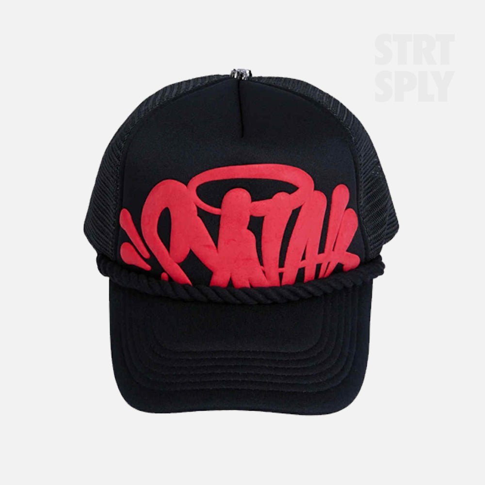 SYNAWORLDTRUCKERCAPBLACKREDSTRTSPLYCENTRALCEE-1.jpg Syna World Rope Trucker Hat - Black / Red - Image 1