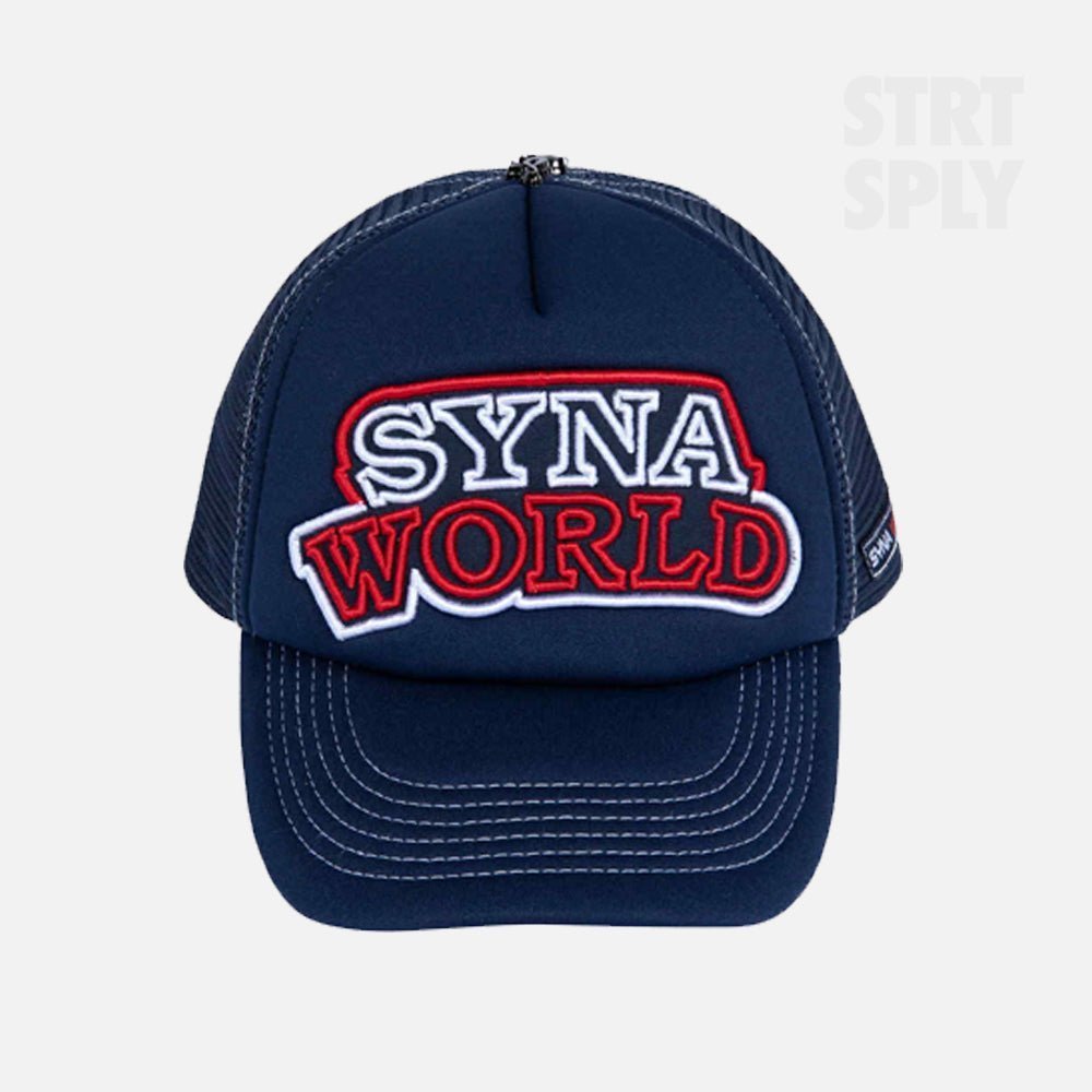 SYNAWORLDWORKWEARTRUCKERCAPNAVYCENTRALCEESTRTSPLY-1.jpg Syna World Workwear Trucker Hat - Denim / Red - Image 1